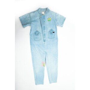 Vtg Women's 1970's Tantrum Blue Denim Jumpsuit With Jersey Ribbed Collar Cute
